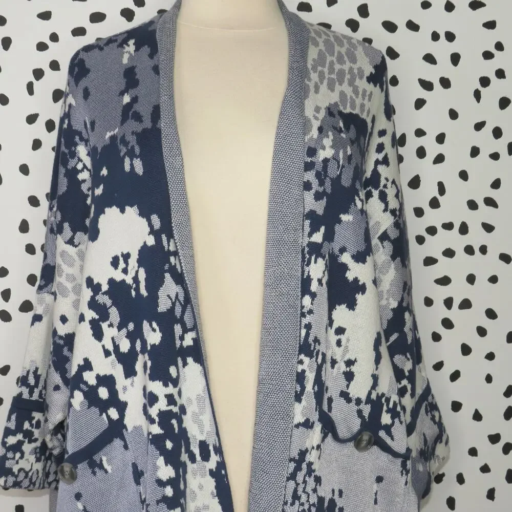 Marla Wynne Blue Abstract Print Open Front Sweater Cardigan - Picture 3 of 10